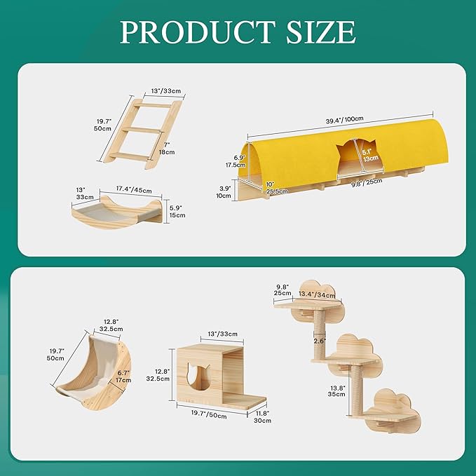 YITAHOME Solid Wood Cat Wall Shelves and Perches for Wall, Pine Wall Mounted Cat Tree Set of 13, Cat Climbing Shelves Playground Scratching Post with 5 Steps Indoor Mounted Moon Condos House