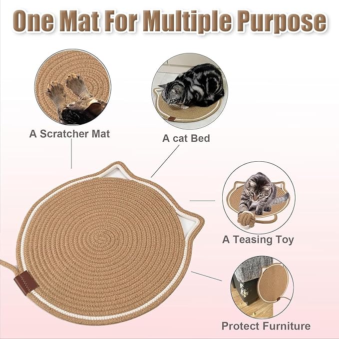 Celery Pets Dual Scratching Pad,Natural Cotton Rope Cat Scratching Pad Mat,Hand-Woven Without Debris Scratching Pads,Pets Dual Scratching Pad with Cat Toy(Caramel,17in)