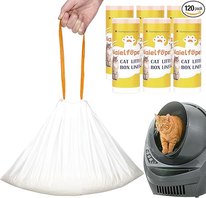 120 Count 26" x 16" Cat Litter Box Liners and Replaced Trash Bags Compatible with Litter Box Robot 4 and 3, Thick Heavy Duty Drawstring Replacement Waste Drawer Liners Bags 10-12 Gallons of Capacity