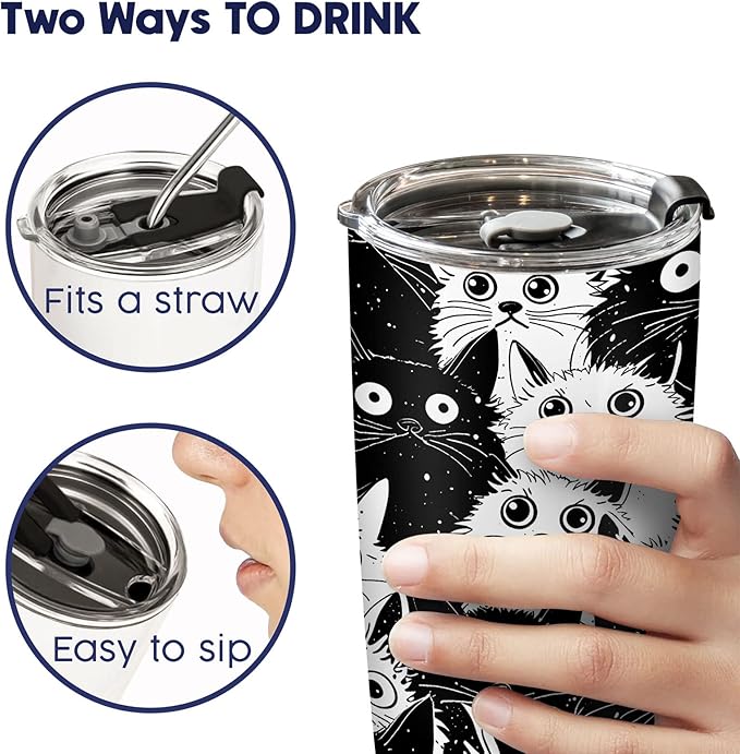 34HD Funny Black Cat Tumbler with Lid, 20oz Stainless Steel Vacuum Insulated Everything Is Fine Cup, Cat Lover Gifts for Women Birthday Mothers Day Halloween Christmas