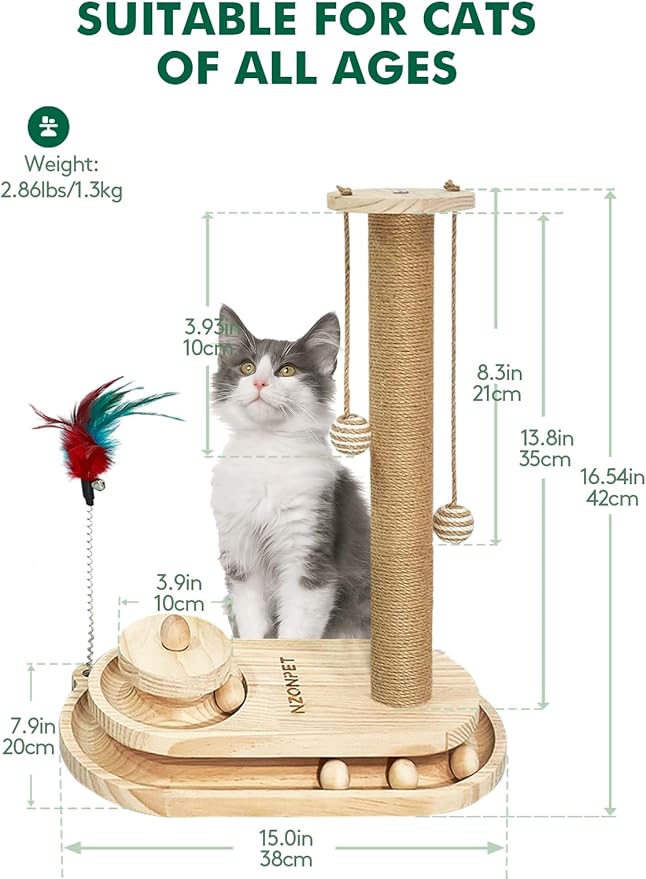 NZONPET Cat Scratching Post 16.54" Tall Scratch Post Premium Sisal Rope Scratch Posts for Kitten and Adult Cats All Natural Rope Wooden Ball Track Interactive Toy with Dangling Balls
