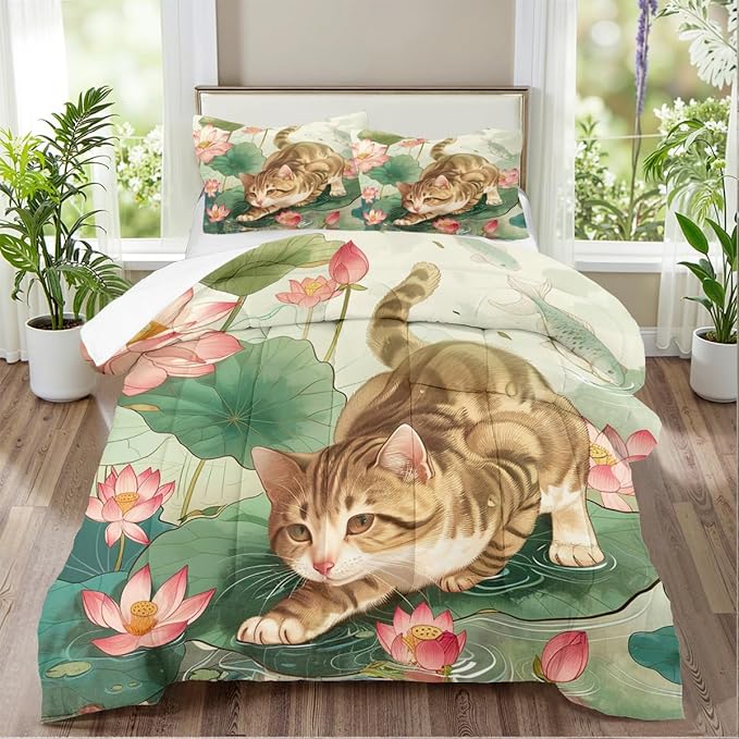 Aesthetic Summer Painting Comforter Set Queen Size Kids Rustic Floral Bedding Set with Kawaii Kitten Comforter Modern Bedroom Decor Bedding Set