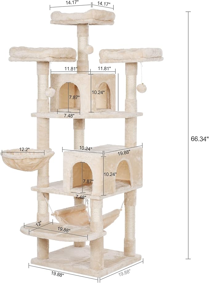 BEWISHOME Cat Tree 66.3 Inch Multi-Level Large Cat Tower with Plush Top Perches, Sisal Scratching Post Cat Play House Kitty Activity Center MMJ14M