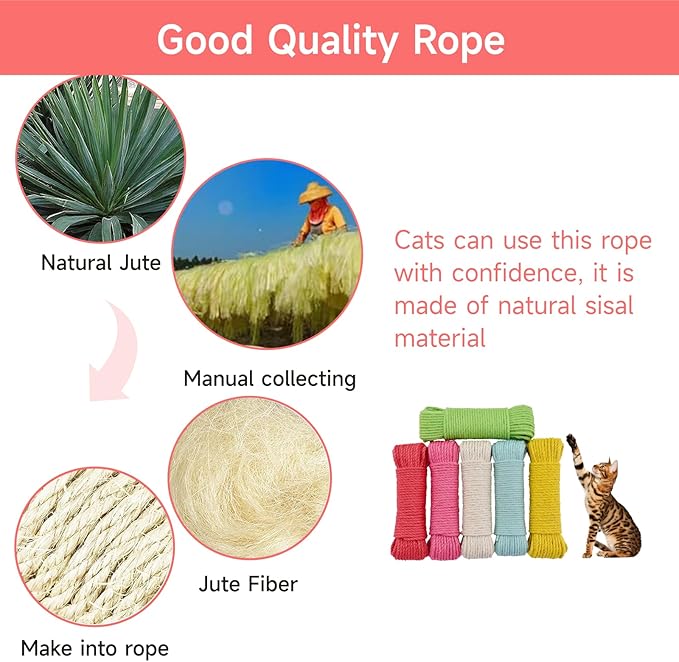 Multicolor Natural Hemp Rope, Cat Scratching Posts Replacement Rope,Repair and Replace Scratching Post cat Tree, 1/4" Rope DIY Cat Jute Twine,Come with a Play Ball.(65FT, Red)