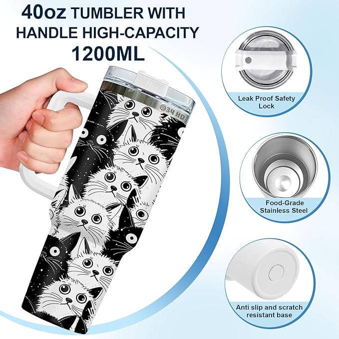 34HD Funny Black Cat Tumbler with Handle and Straw, 40oz Stainless Steel Vacuum Insulated Everything Is Fine Cup, Cat Lover Gifts for Women Birthday Mothers Day Halloween Christmas