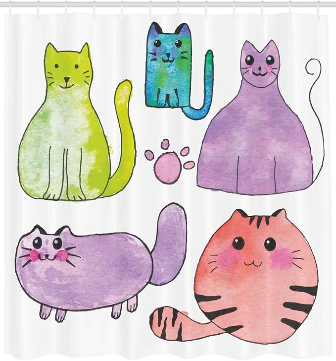 Ambesonne Kitten Shower Curtain, Hand Drawn Colorful Cartoon Style Print Domestic Cats Pets Paws in Watercolors, Cloth Fabric Bathroom Decor Set with Hooks, 69" W x 75" L, Violet White Multicolor