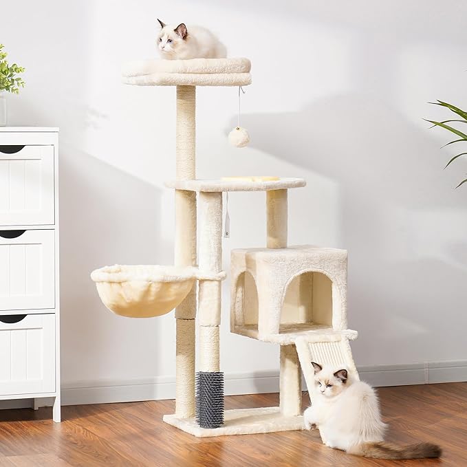 Heybly Cat Tree with Cat Self Groomer Brush, Cat Tower Condo for Indoor Cats with Padded Plush Perch,Cat House with Basket Scratching Board Post, Beige HCT005SM