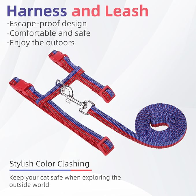 PUPTECK Adjustable Cat Harness and Leash Set Escape Proof Kitten Strap Collar for Walking Travel, Red Blue