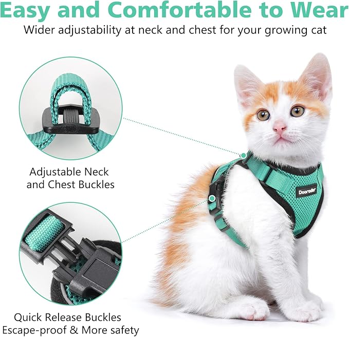 Dooradar Cat Harness and Leash Set, Escape Proof Safe Adjustable Kitten Vest Harnesses for Walking, Easy Control Soft Breathable Mesh Jacket with Reflective Strips for Cats, Green, XS