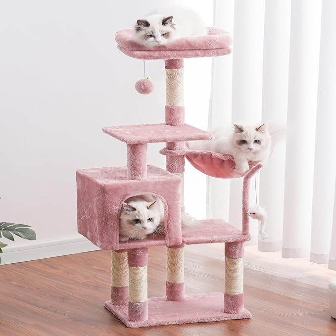 Heybly Cat Tree with Toy, Cat Tower condo for Indoor Cats, Cat House with Padded Plush Perch, Cozy Hammock and Sisal Scratching Posts, Skin Pink HCT004SP
