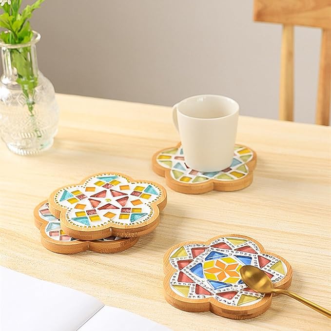 4PCS Mosaic Bamboo Coasters for Crafts, Blank Base Trays, Drinking Cup Coaster, Plant Coaster, Art Plate,DIY Mosaic Supplies (Cat)