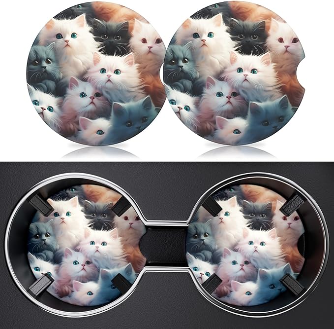 2 Pack Car Cup Holder Coasters, 2.63 inch Anti Slip Insert Absorbent Ceramic Coasters with Cork Base and Finger Notch, Cute Car Accessories Interior for Women