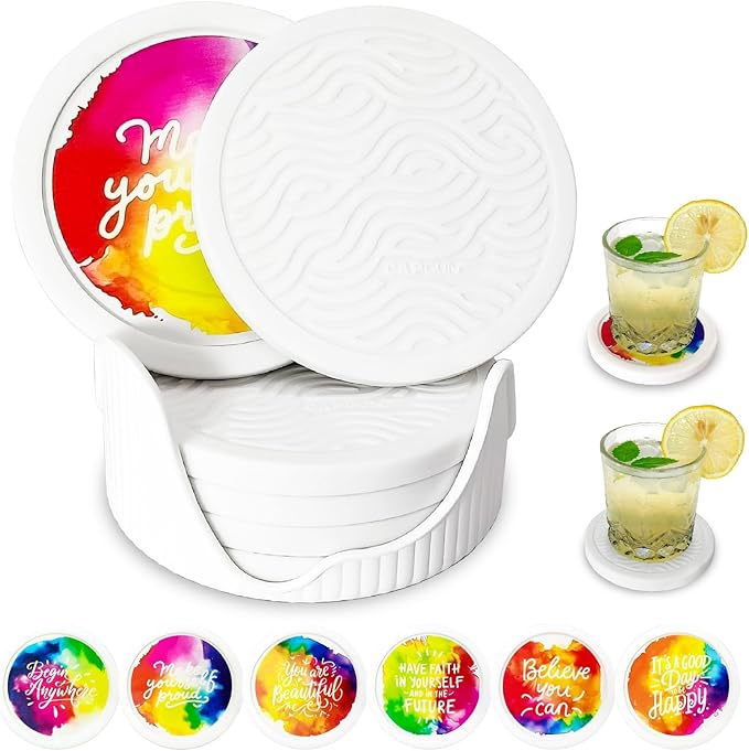 6-Pack Waterpaint Greeting Silicone Coasters with Deep Tray Holder - Double-Sided Drink Coasters - Beverage Mats for Hot or Cold Drinks - Thick, Non-Slip, Non-Stick Silicone with Ceramic Insert