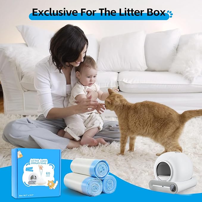 60 Count Self Cleaning Cat Litter Box Liners Bag Fit For MeoWant MW-SC01,MW-SC02, Drawstring Heavy Duty Cat Litter Receptacles Bags Compatible with Automatic Cat Litter Box-17.7" x 19.68"