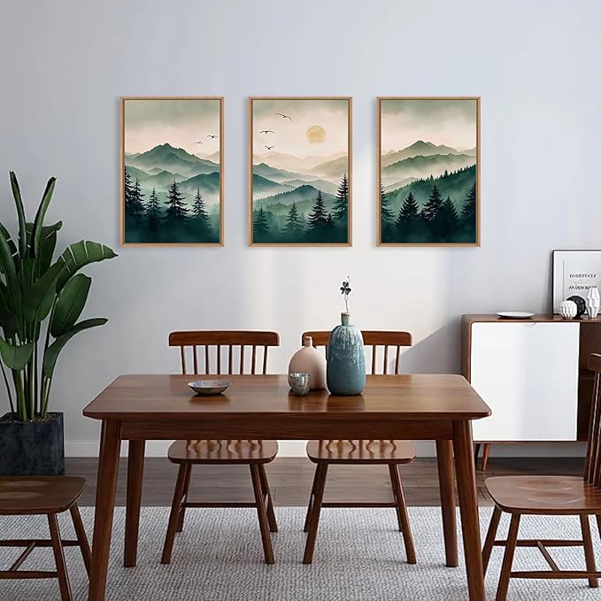 Ausril Misty Forest Framed Canvas Wall Art Set, Boho Mountain Landscape Wall Decor, Pine Tree Wall Painting, Nature Sunrise Art Prints for Living Room, Bedroom, Dining Room, Office - Large 16"x24"x3