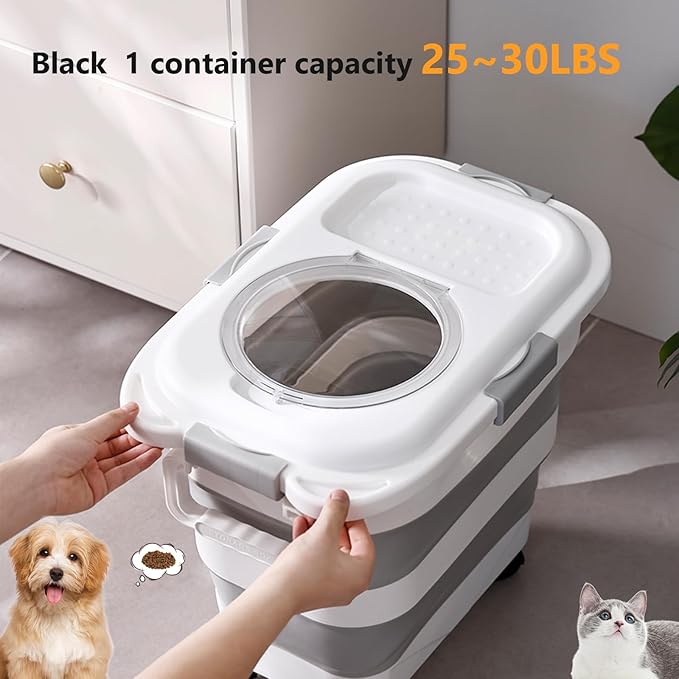 25 lbs Dog Food Storage Container,Collapsible Dog Food Container with Travel Silicone Bowl and Scoop,Pet/Dog/Cat/Bird Food/Cat litter Storage Containers to Keep Dry,Easy to Move.(Black)