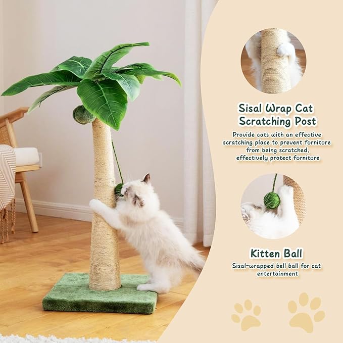 37 Inches Cat Scratching Post, Large Cat Scratching Post, Sisal Scratcher with 3 Hanging Pompoms for Indoor Cats (Short Square Base)