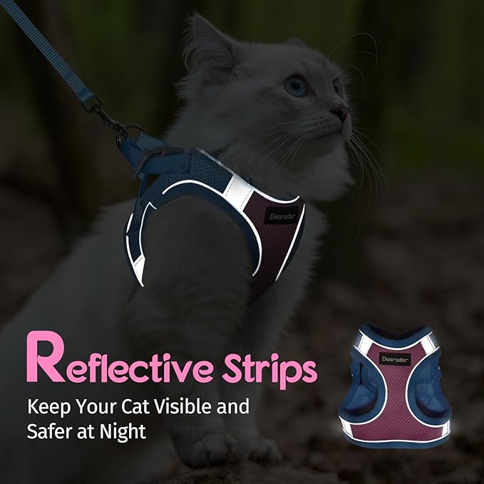 Dooradar Cat Harness and Leash Set, Escape Proof Lightweight Kitten Harness, Soft Breathable Reflective Vest for Outdoor Walking Traveling, Adjustable for Small Cats, Pink & Blue, S