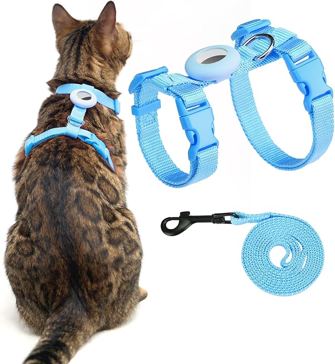 Cat Harness and Leash Set Escape Proof for Walking, Adjustable Cute Kitten Harness Leash with Airtag Holder for Small Large Cats, Lightweight Soft Walking Travel Harness (Blue)