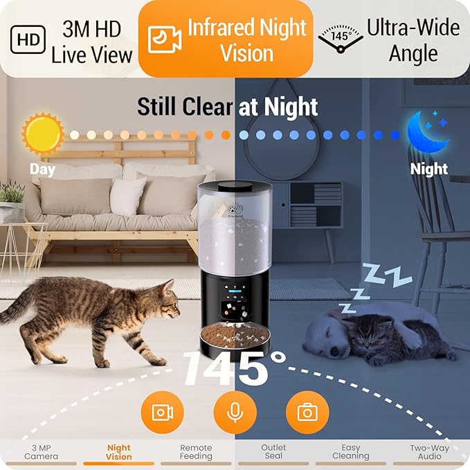 Automatic Cat Feeder with 2K HD Camera: 5G WiFi Automatic Dog Feeder with Sealed Outlet, 5L Large Cat Food Storage Container with Freshness for Multiple Pets,Detachable for Easy Clean-21 Cup
