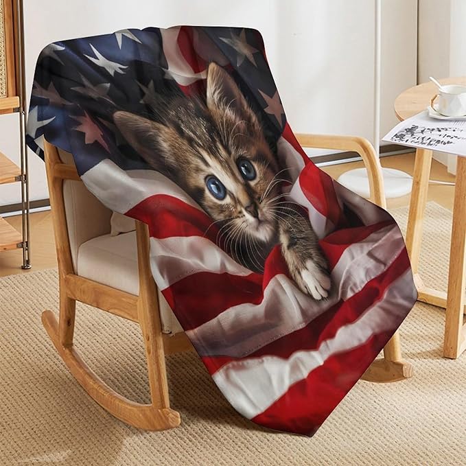 American Flag Cat Print Blanket Cute Kawaii Kitten Kitty Animal Throw Blankets Gifts for Couch Sofa Bed Stuff Decor Soft Cozy Fleece Plush Warm Flannel Bedding for Lover Men Women Kids 50"x60"