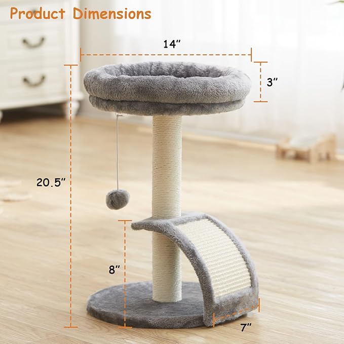 Small Cat Tree Tower with Scratching Post, Modern Kitten Tower for Indoor Cats, Short Carpet Sisal Cat Scratcher Stand with Large Bed Perch, Scratch Ramp, Toy Ball for Kitty Play (Grey)