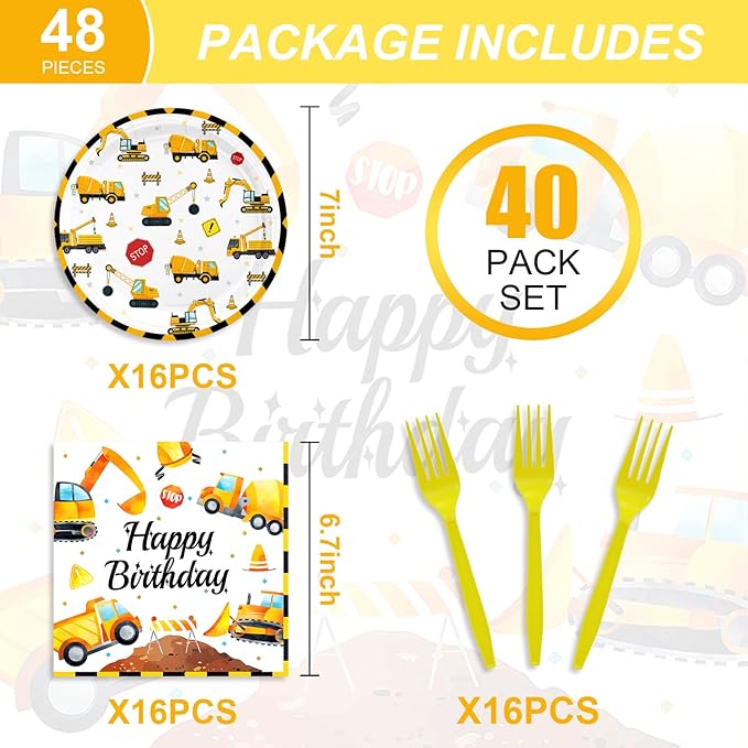 48Pcs Construction Birthday Party Supplies Excavator Trucks Theme Tableware Set Plates Napkins Forks Serves 16 Guests Construct Vehicle Baby Shower Birthday Party Decorations