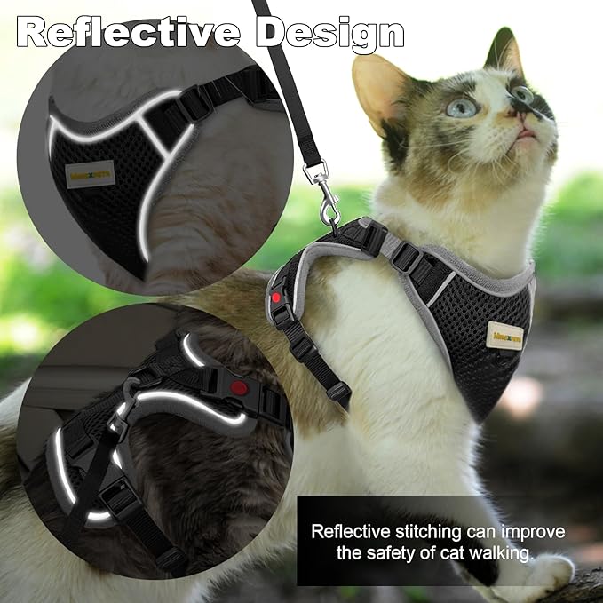 Cat Harness and Leash for Walking, Retractable Cat Harnesses and Leash Set Escape Proof, Breathable Soft Kitten Harness Small Large Cat Harness for Travel Training and Walking, Black, M