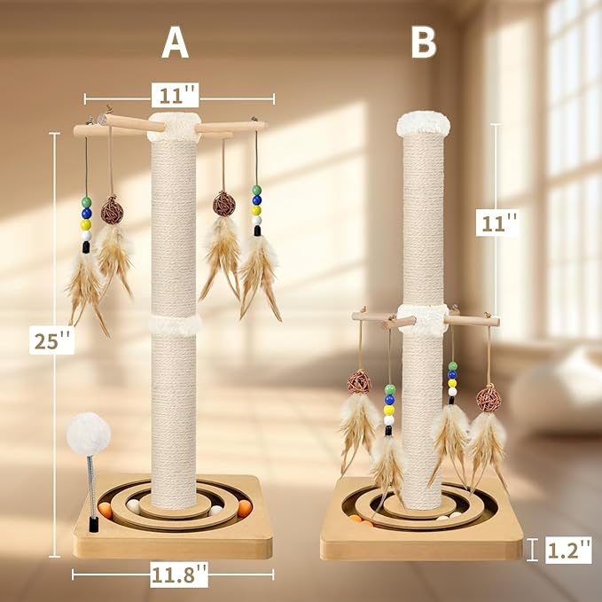 Cat Scratching Post, Sisal Scratching Posts for Indoor Cats Adults, 2 Mounting Methods Cat Scratcher with Hanging Ball and Interactive Toys for Kitten Cats, 25 inches