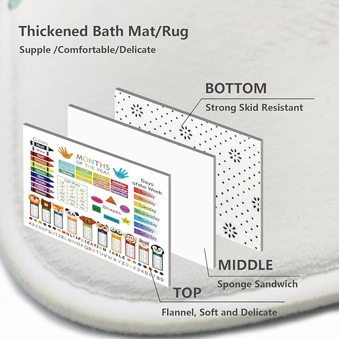 4 Pcs Educational Kids Shower Curtain Set with Non-Slip Rugs, Months, Days, Shapes, and Multiplication Table for Learning – Fun Cartoon Animals Design, Bathroom Decor for Children 72Lx72in