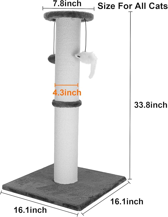 Cat Scratching Post 34 Inches Heavy Duty and Thicker Cat Scratching Post Sisal Rope with Hanging Ball and Mice Scratching Post for Indoor Cats and Adult(Grey)