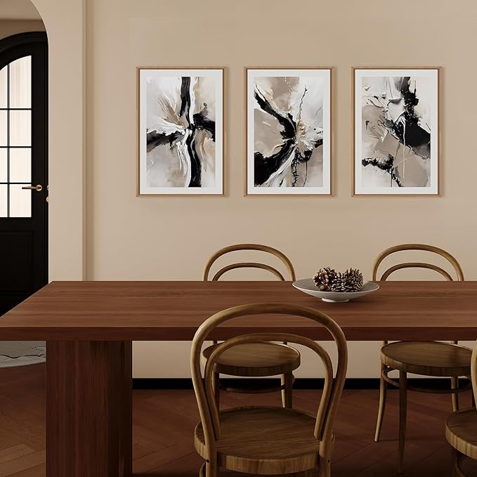 Abstract Black Brown Framed Canvas Wall Art Set, Beige Black Shapes Wall Decor, Neutral Color Block Wall Painting, Minimalist Brush Stroke Art Prints for Living Room, Bedroom, Office 16"x24"x3