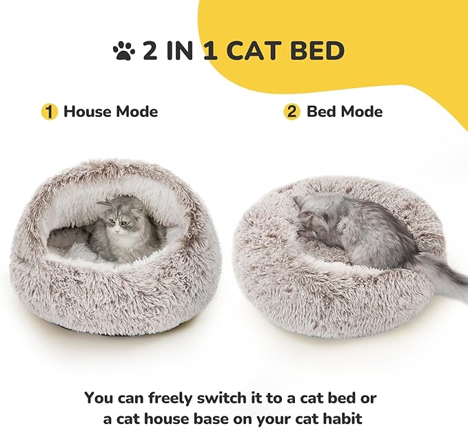 CATISM Cat Bed, Plush Hooded Cat Beds for Indoor Cats, Calming Cat Nest, Self Warming Cat Bed Cave, Cozy Cat Pod for Indoor Cat or Small Dog, Removable Washable Cat Cove with Non-Slip Bottom