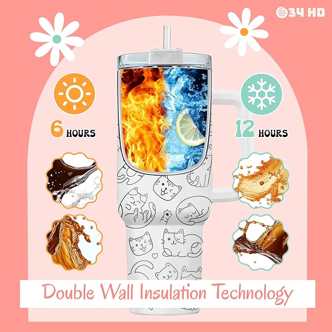 34HD Funny Cat Mom Tumbler with Handle and Straw, 40oz Double Wall Vacuum Insulated Kitty Mug, Pet Owner Gifts for Women, Cat Mom Gifts for Birthday Mothers Day Halloween Christmas