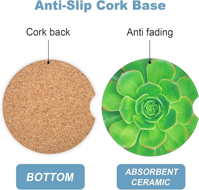 2 Pack Car Cup Holder Coaster, 2.63 inch Anti Slip Insert Absorbent Ceramic Car Coaster with Cork Base and Finger Notch, Cute Car Accessories Interior for Women, Cute Car Coasters., CH0025