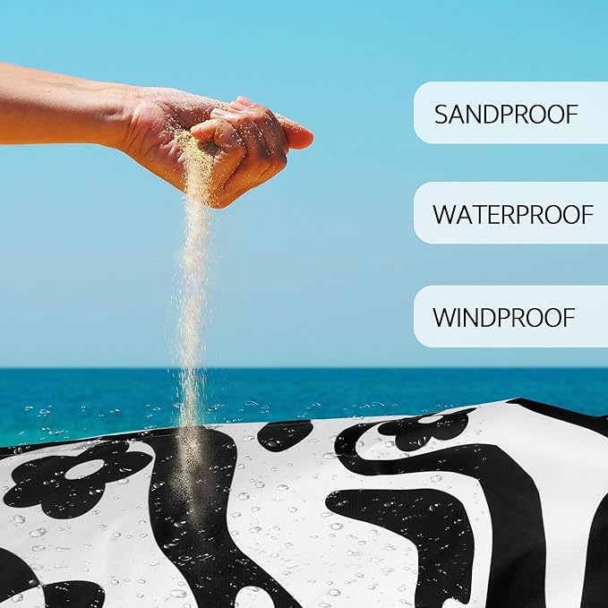 110''×118'' Extra Large Beach Blanket for 6-8 Adults, Waterproof Sandproof Black Picnic Blanket with 4 Stakes, Ployester Lightweight Compact Portable Pocket Travel Mat for Camping, Hiking, Concert