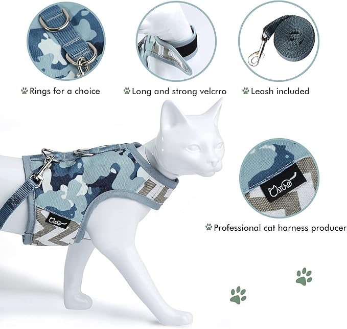 Cat Harness and Leash for Walking Escape Proof, Adjustable Cat Vest Harness, Padded Stylish Cat Walking Jackets, Grey Camo, X-Small