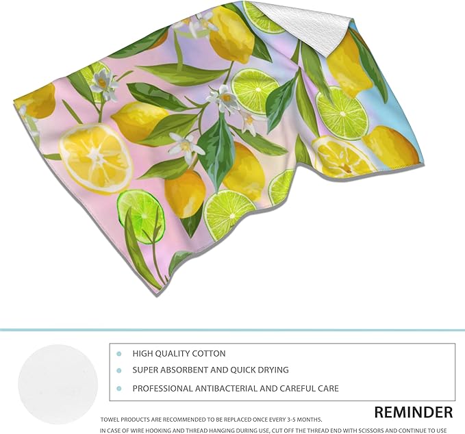 2 Pack Hand Towels for Bath,Yellow Green Lemons Decorative Towels Highly Absorbent Soft Towels for Bathroom Beach Kitchen Spa Gym Face Towel 14x28 Inch