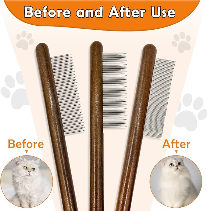 3 Pack Solid Wood Cat Combs, Stainless Steel Teeth for Cat Dog Rabbit Massage, Flea Lice Comb Removes Mats, Tangles and Loose Fur, Grooming Comb for Small Medium Pets