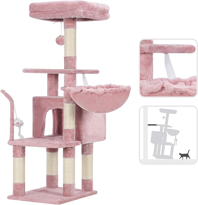 Heybly Cat Tree with Toy, Cat Tower condo for Indoor Cats, Cat House with Padded Plush Perch, Cozy Hammock and Sisal Scratching Posts, Skin Pink HCT004SP