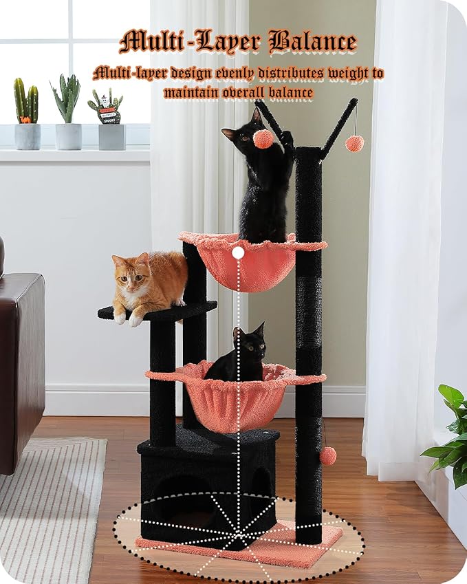Gothic Cat Tree with Coffin Condo, 47.6" Spooky Cat Tower, 2 Metal Frame Hammocks, Cat Scratching Post with 2 Removable Pompom Sticks for Small Indoor Cats, Black Halloween