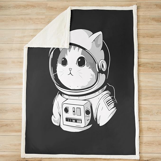 Astro-cat Sherpa Blanket Cute Pet Cats Fleece Throw Blanket for Sofa Couch Bed Decor Animals Universe Explore Plush Blanket Black White Fuzzy Blanket Queen 90"x90"