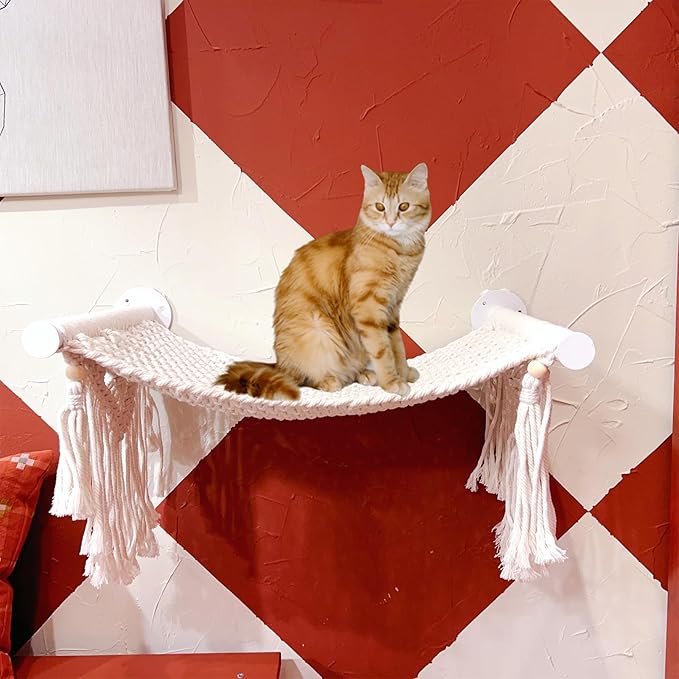 Cat Wall Shelves and Perches for Indoor Cats, Comfy Macrame Cat Wall Hammock, Sturdy Wall Mounted Cat Beds, Solid Metal Frame Cat Wall Furniture for Sleeping, Playing, Climbing, and Lounging