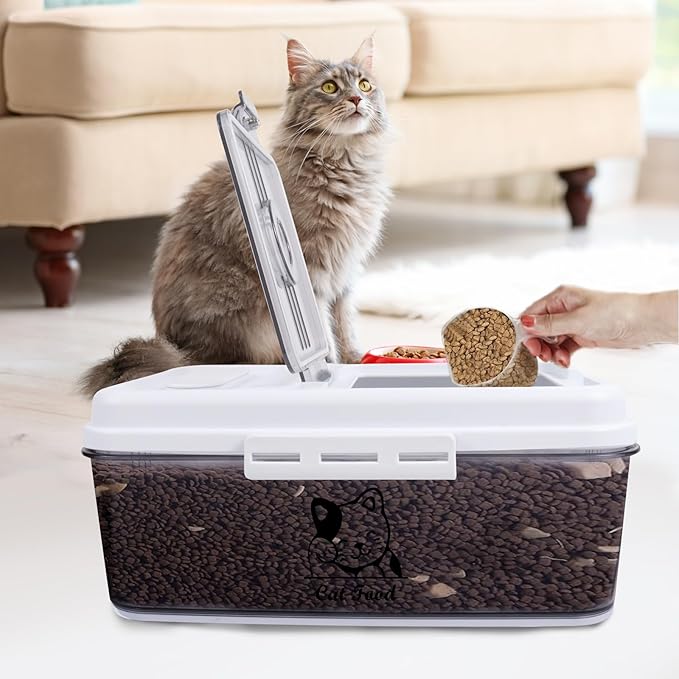 Airtight Cat Food Storage Container,5 Liters Cat Food Bin,4~5Lbs Cat Food Bucket With Measuring Cup-Pet Food Container for Cat food, Kibble,Cat treats-BPA Free Plastic