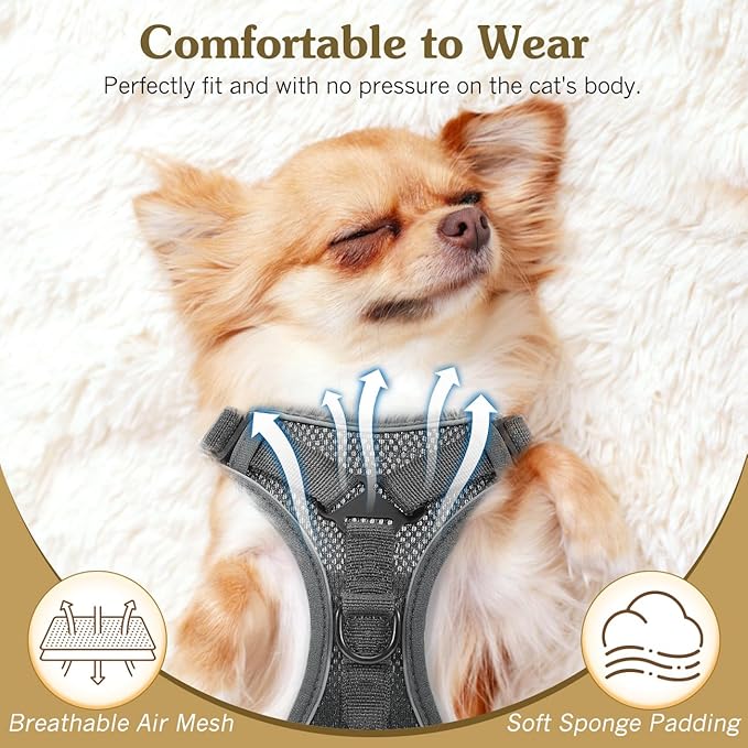 Cat Harness and Leash Set for Walking, Adjustable Kitten Vest Harness with Reflective Strip Breathable Mesh, Escape Proof Soft Pet Safety Vest for Cats, Kittens, Puppies, XL Grey