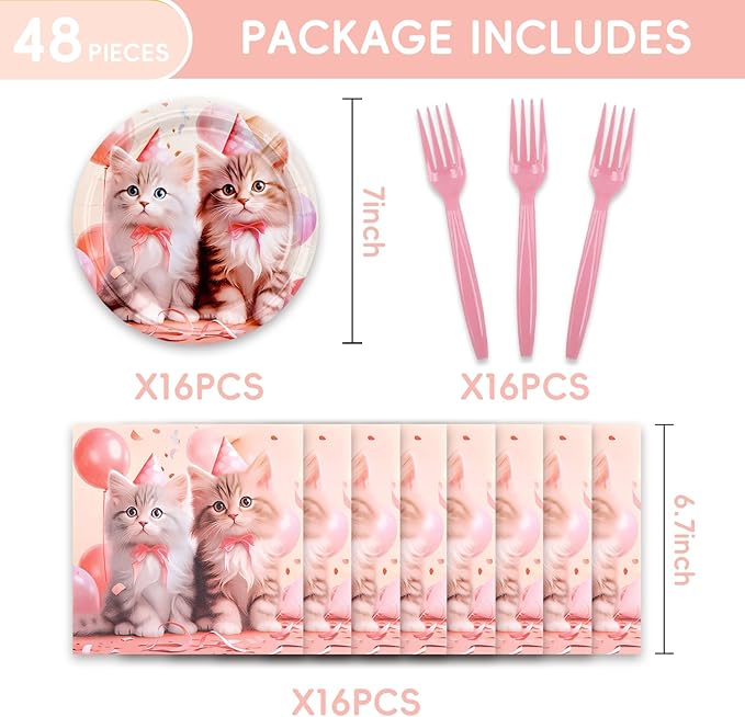 48Pcs Pink Cat Happy Birthday Party Decorations Kitten Cat Birthday Baby Shower Forks Plates and Napkins Set Party Decorations for Women Party Supplies Serve 16