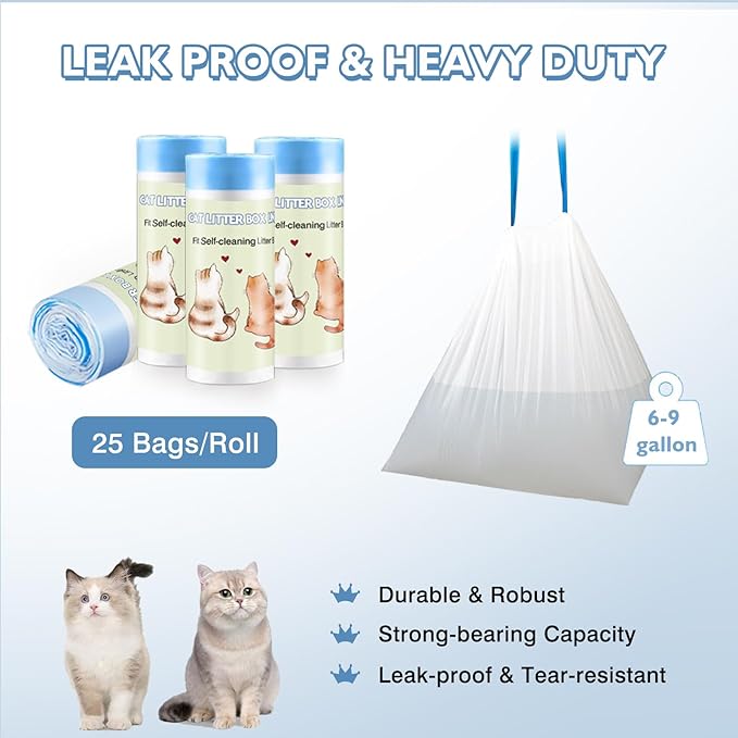 100 Count Self-Cleaning Cat Litter Box Liners 25.6" x 16.5" Compatible with Litter Robot Automatic Cat Litter Box, Drawstring Heavy Duty Cat Litter Bags, 7-9 Gallon Trash Bag (4 Roll)