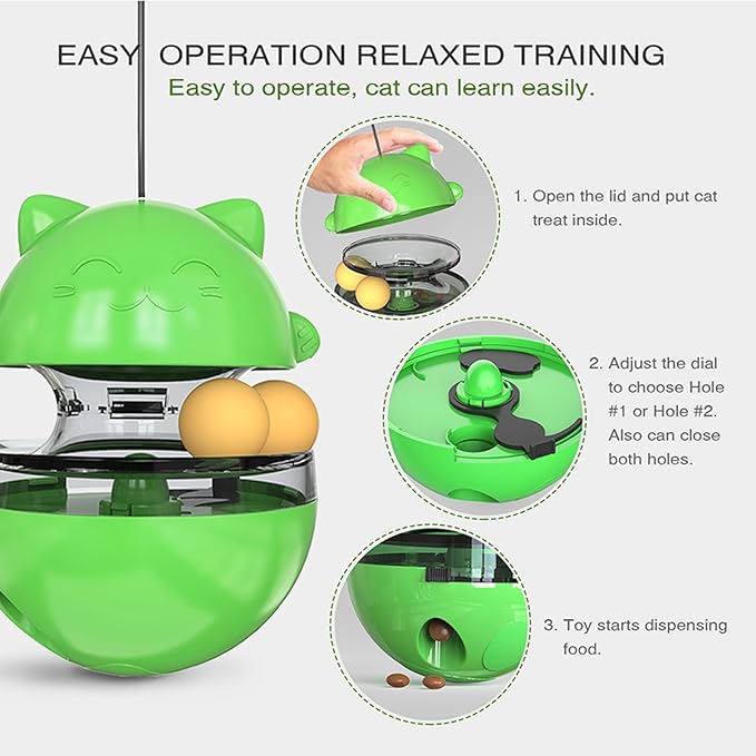 2 in 1 Cat Treat Dispenser Toy - Cat Interactive Toy and Cat Treat Ball, Tumbler Interactive Ball Cat Puzzle Feeder, Cat Food Puzzle Toy，Suitable for All Types of Cats and Small pet Dogs(Green)