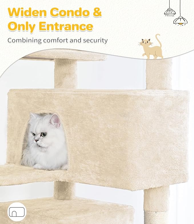 Made4Pets Cat Tree Tower 56in Cat Tower for Indoor Cats Kitten Tree Multi-Level Cat Tree with 2 Condo Furniture Activity Center with Scratching Posts Funny Toys Kittens Pet Play House, Beige