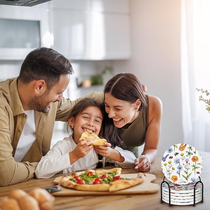 6 Pcs Drink Coasters with Holder,Botanical Flowers Absorbent Round Ceramic Coaster for Tabletop Protection,for Coffee Cup Beverage Coasters Wine Beer Bar